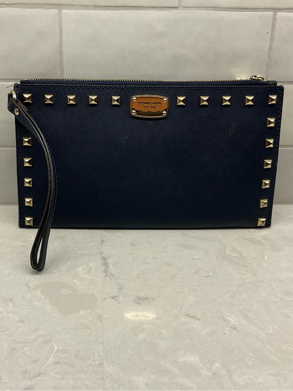 Michael Kors Navy Leather Wristlet with Gold Studs